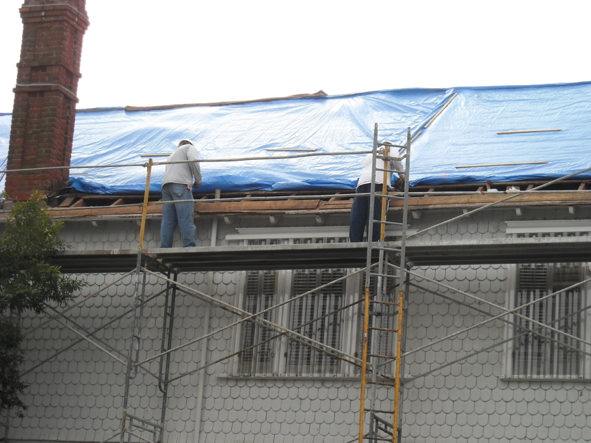 tarped roof.